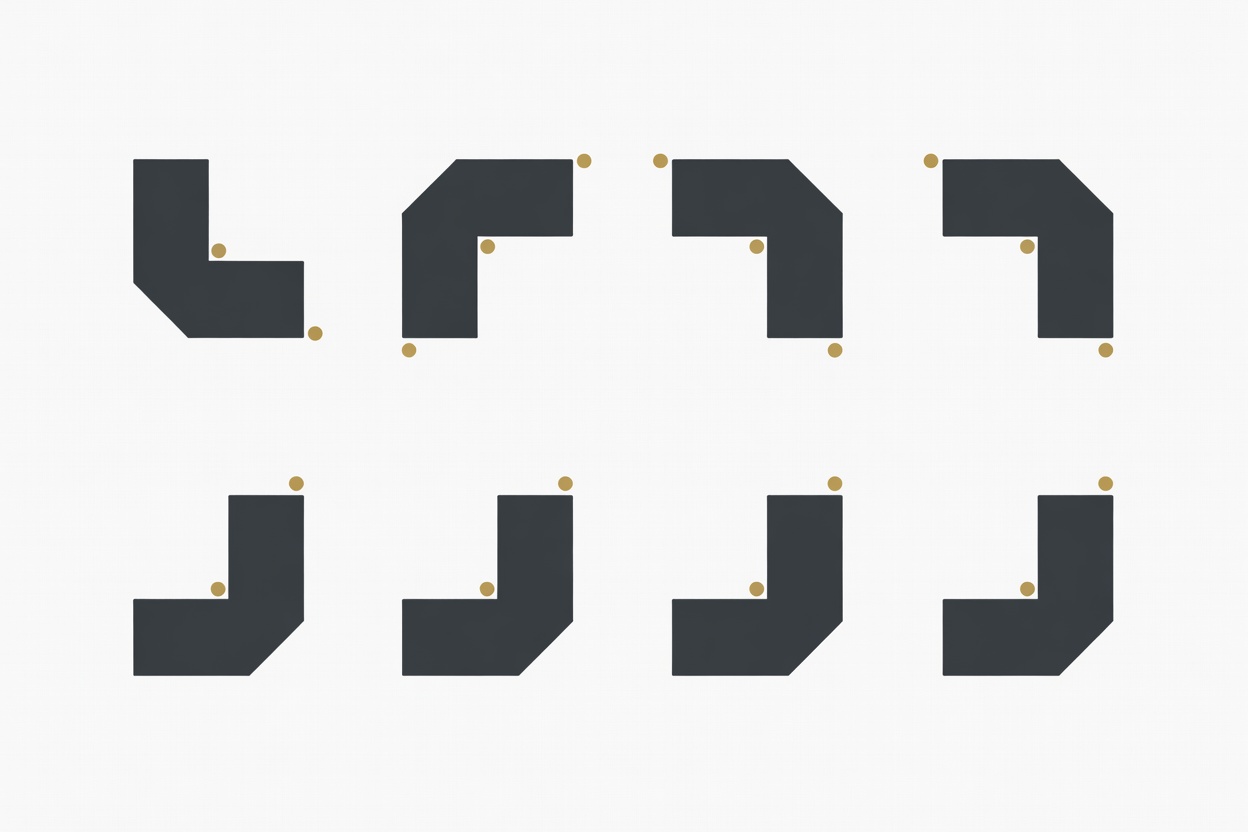 Flat vector diagram of an L-shaped piece in four quarter-turn rotations on the top row, and its mirror-image J-shape on the bottom row, with a brass dot marking the same corner in each