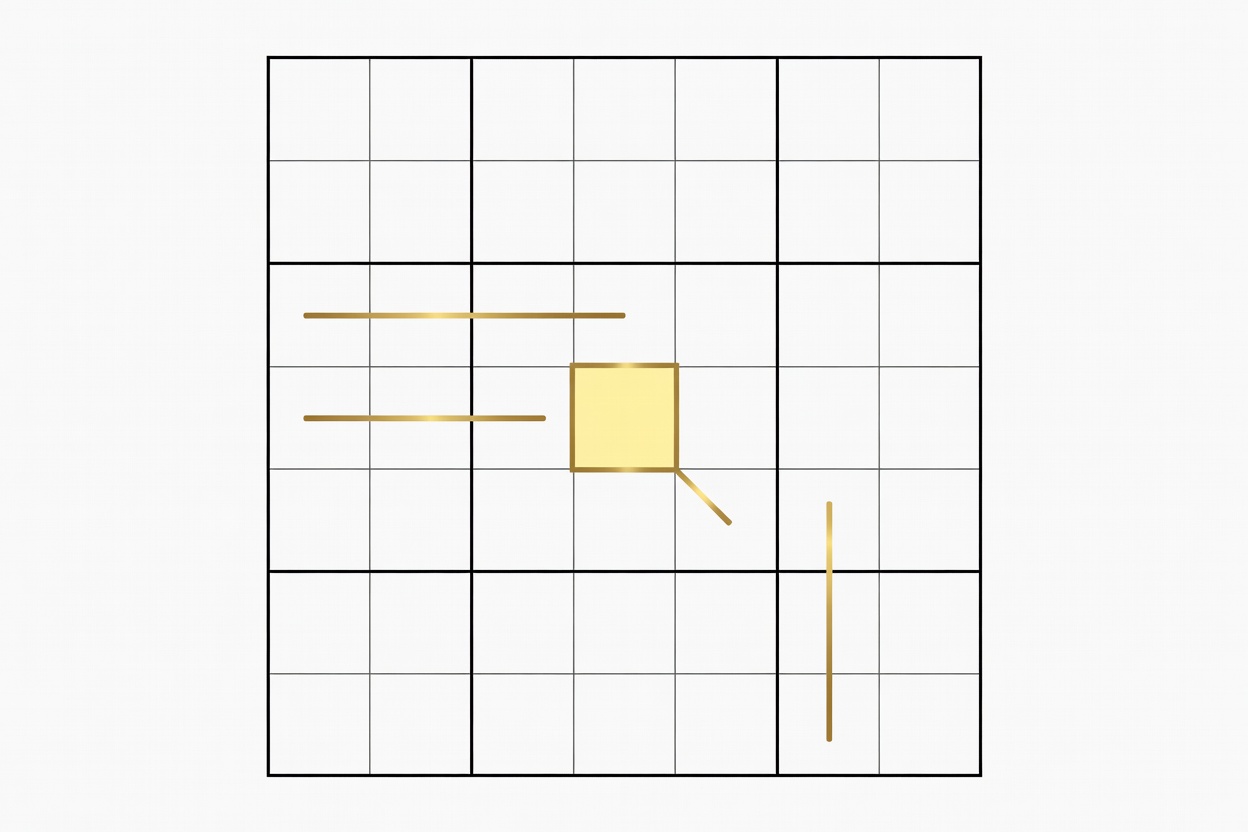 Flat vector Sudoku box where brass lines extend from two 6s in neighbouring rows and one 6 in a neighbouring column, leaving a single highlighted cell for the 6